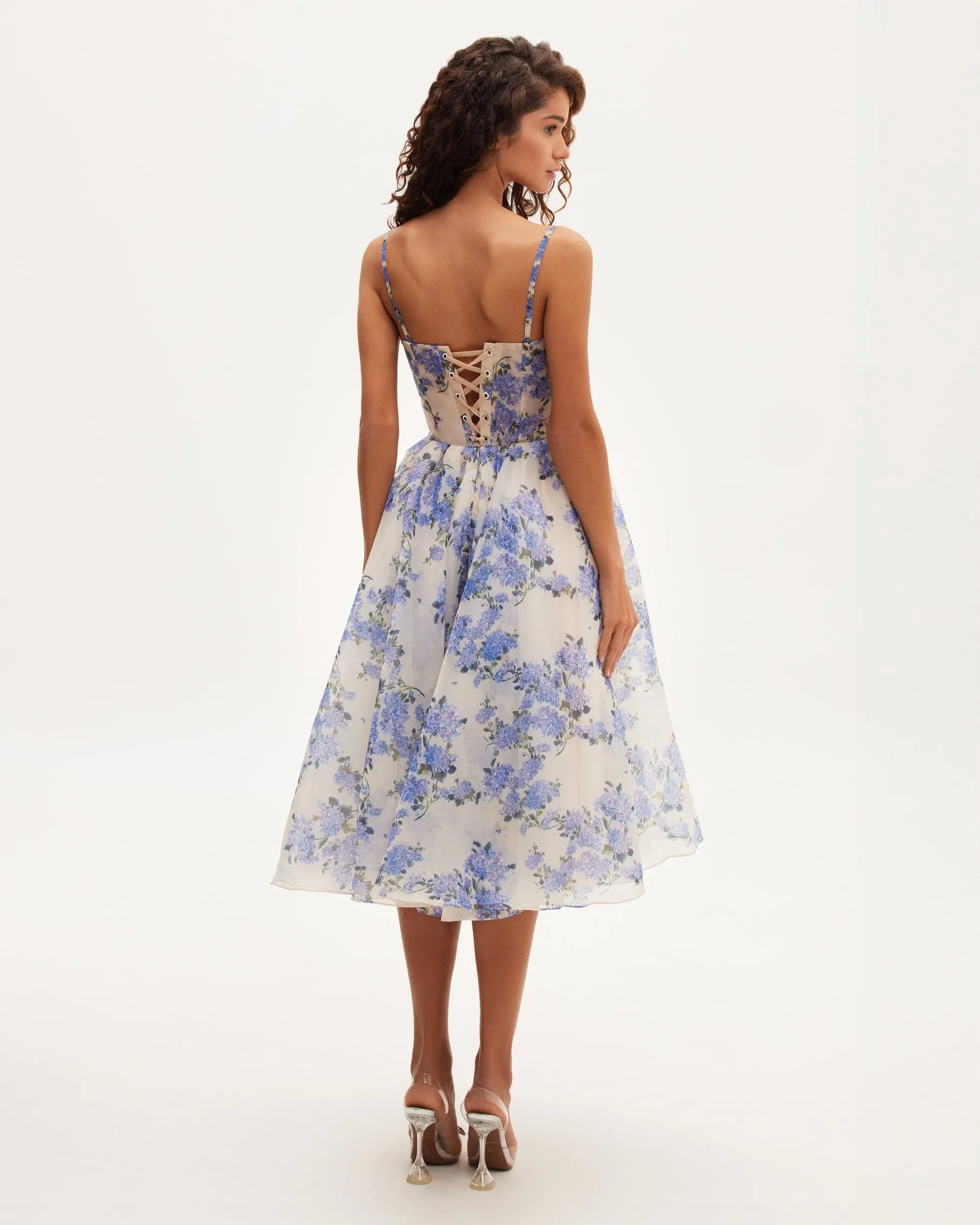 Hydrangea spaghetti strap midi dress