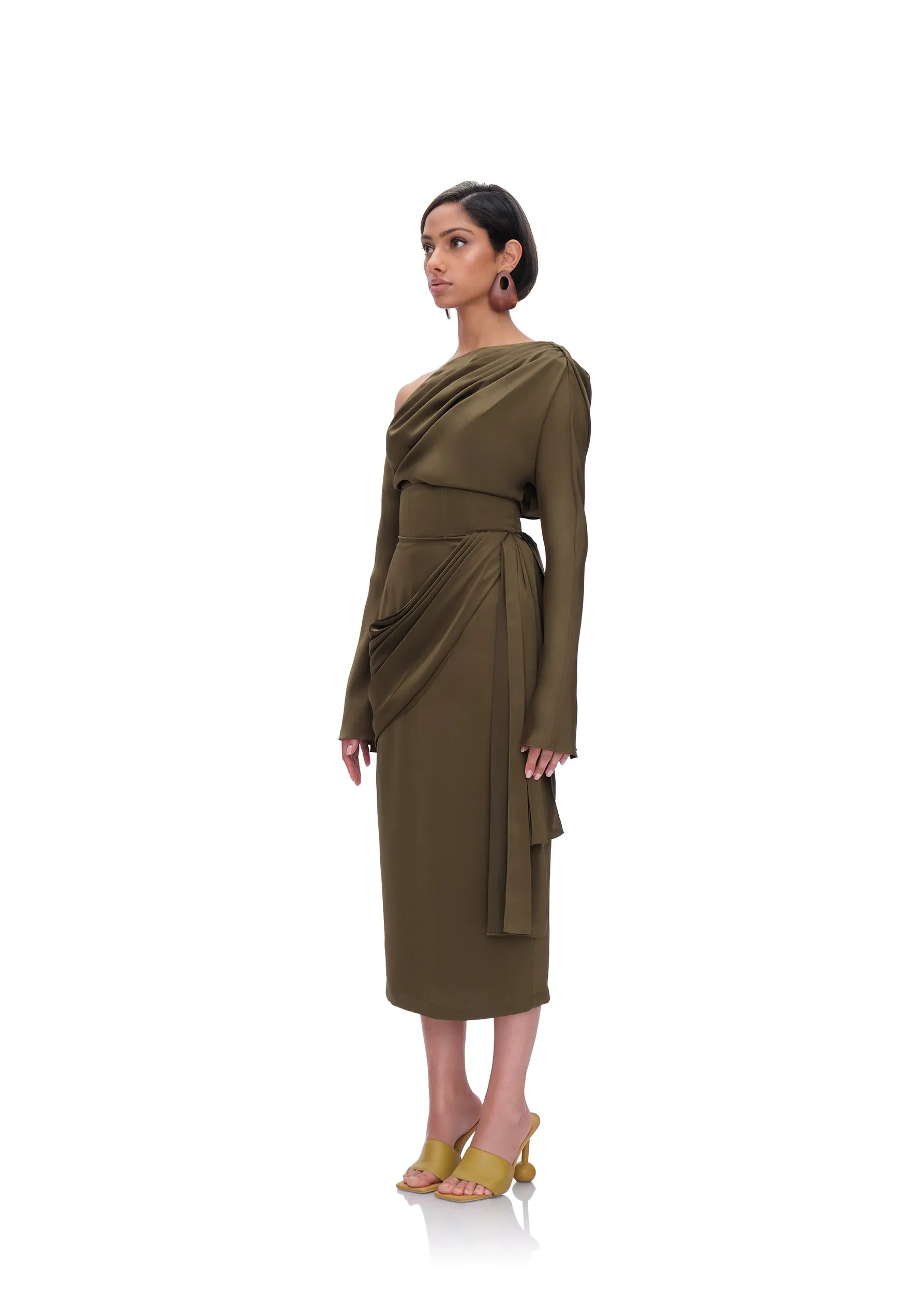 IDO DRAPE MIDI SKIRT - OLIVE