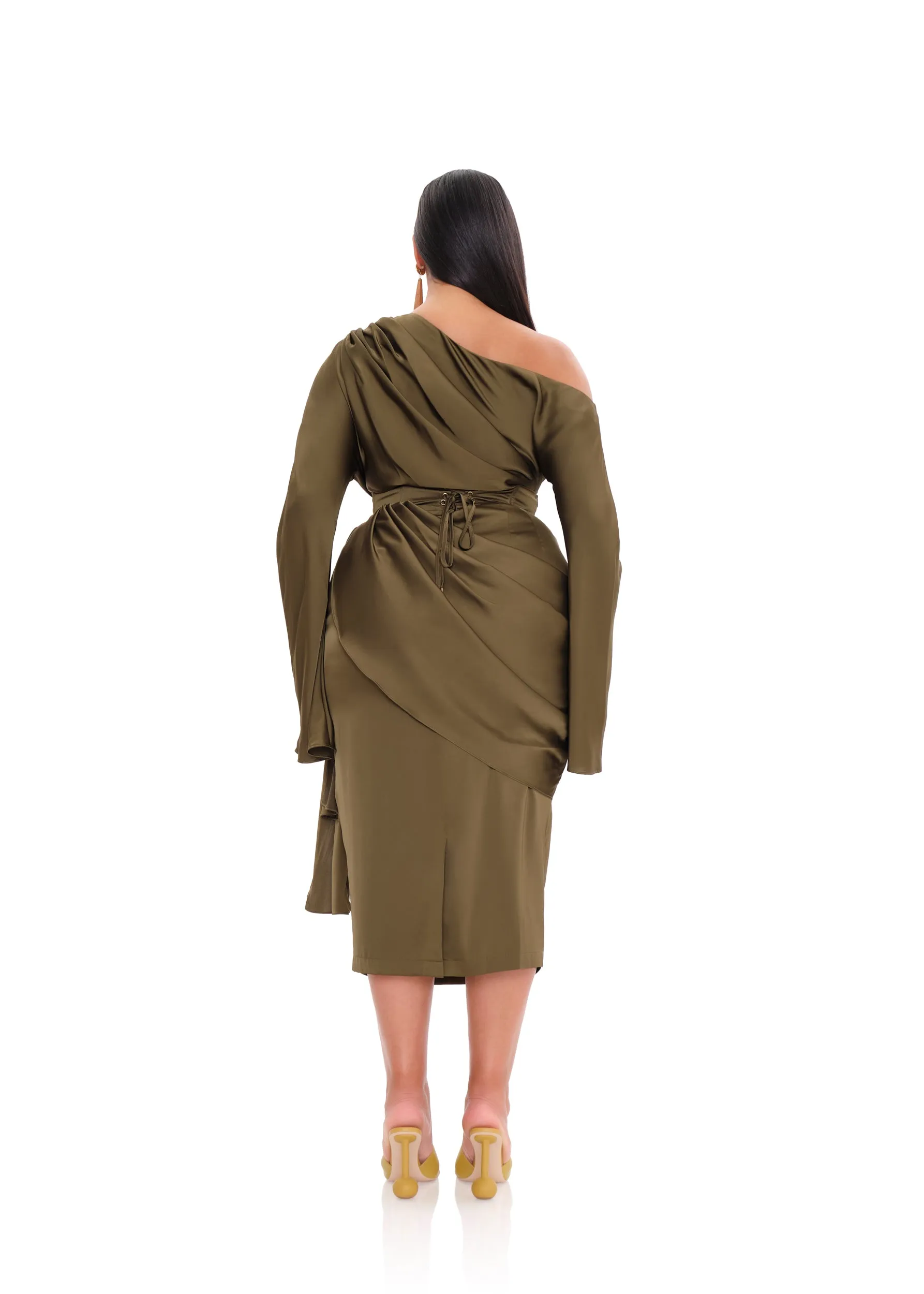 IDO DRAPE MIDI SKIRT - OLIVE