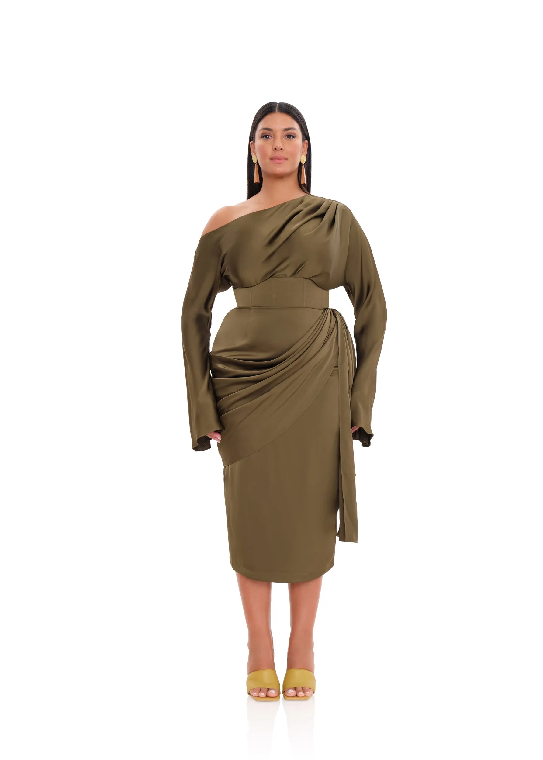 IDO DRAPE MIDI SKIRT - OLIVE