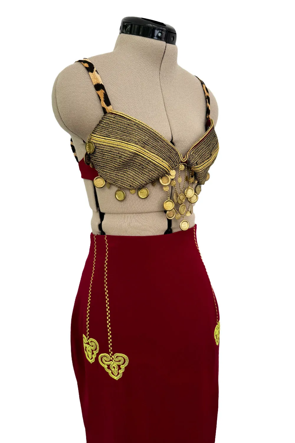 Incredible & Rare Fall 1989 Rifat Ozbek Embroidered Skirt Suit & Gold Bra Top