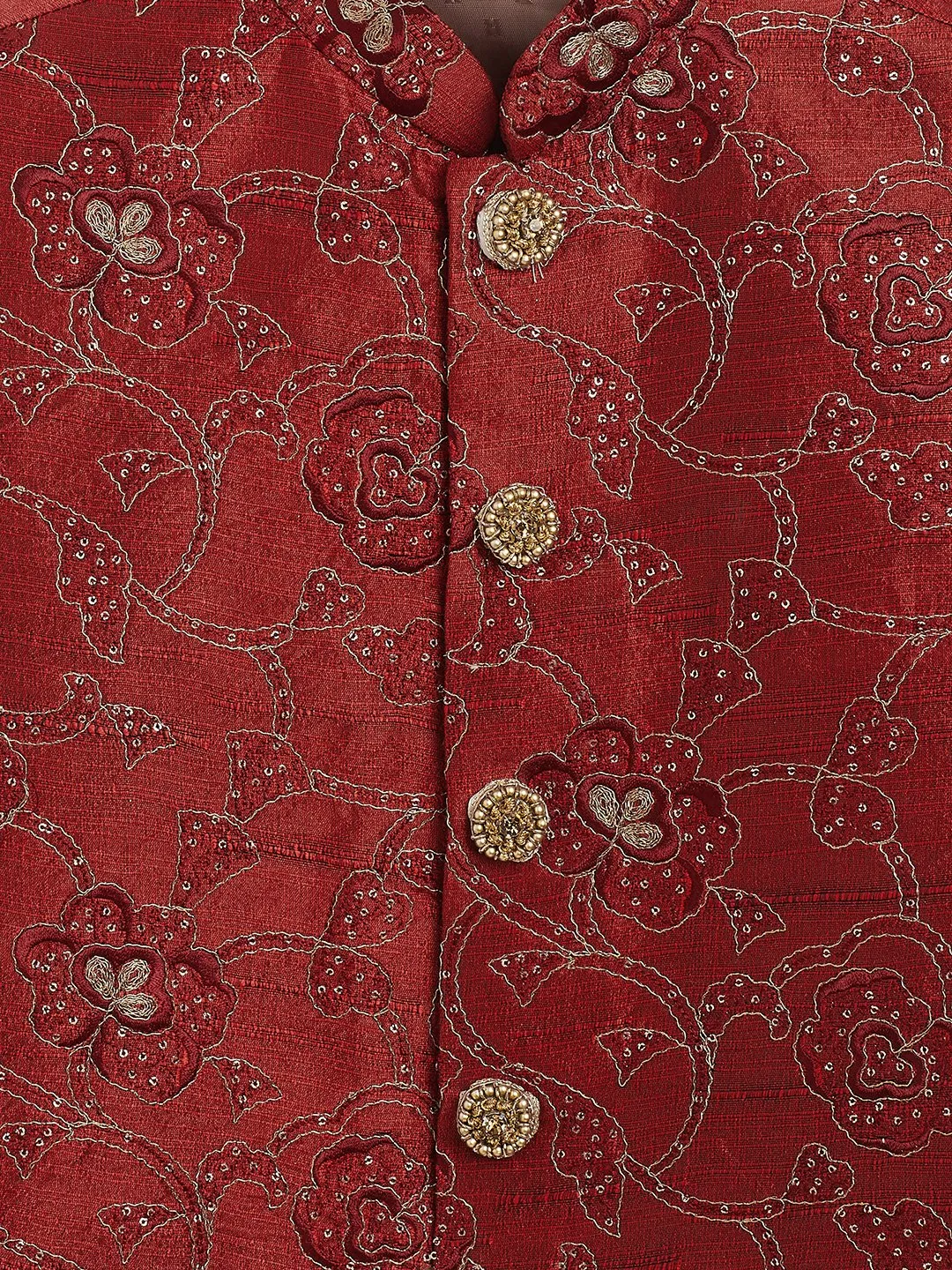 Jashvi Boy's Maroon Silk Blend Embroidered Nehru Jacket