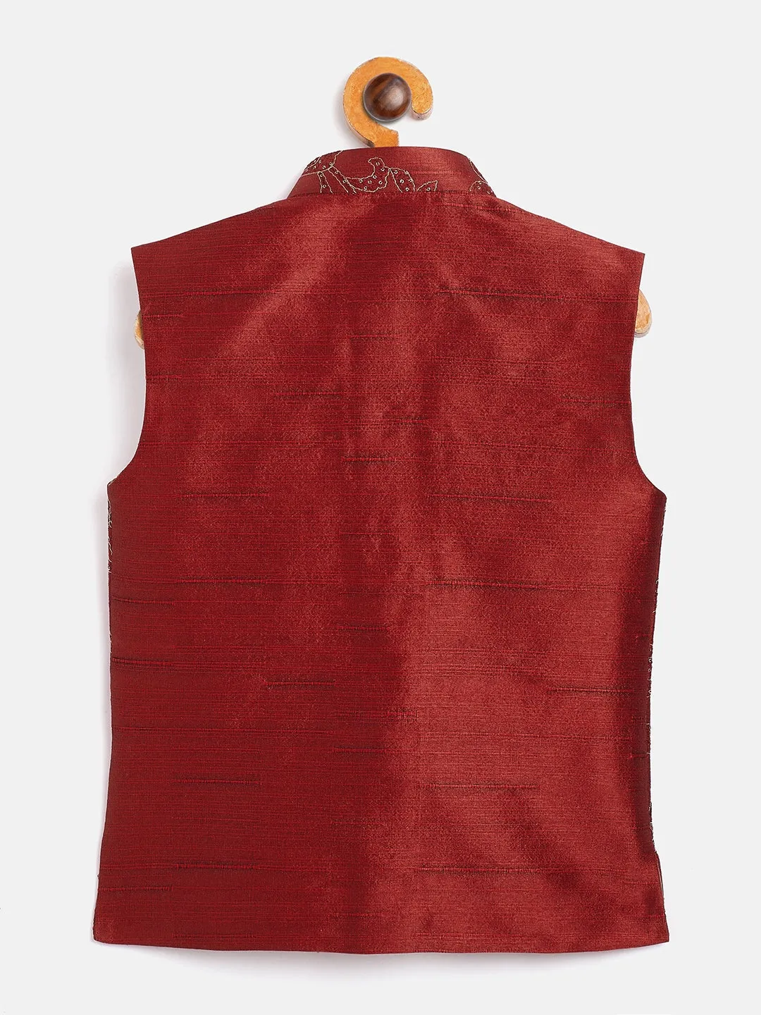 Jashvi Boy's Maroon Silk Blend Embroidered Nehru Jacket