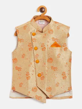 Jashvi Boy's Orange Asymmetric Banarasi Brocade Nehru Jacket