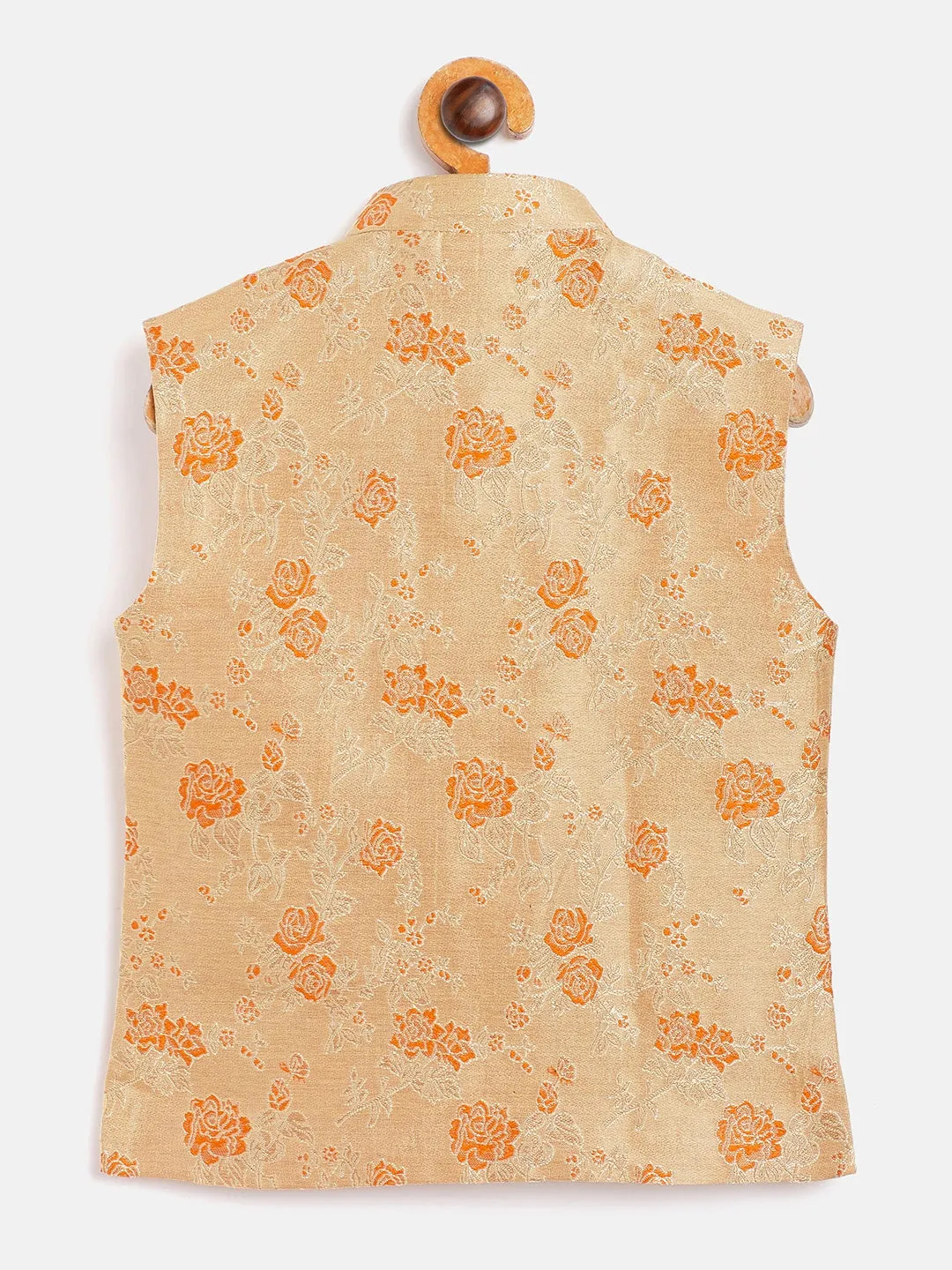 Jashvi Boy's Orange Asymmetric Banarasi Brocade Nehru Jacket