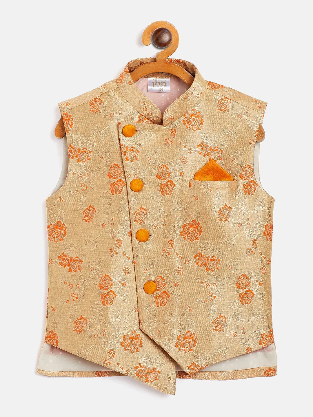 Jashvi Boy's Orange Asymmetric Banarasi Brocade Nehru Jacket