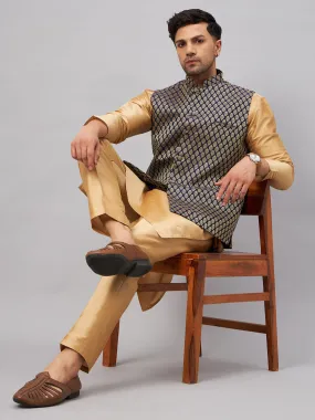 Jashvi Men's Blue Ethnic Jacket With Rose Gold Silk Blend Kurta and Pant Style Pyjama Set