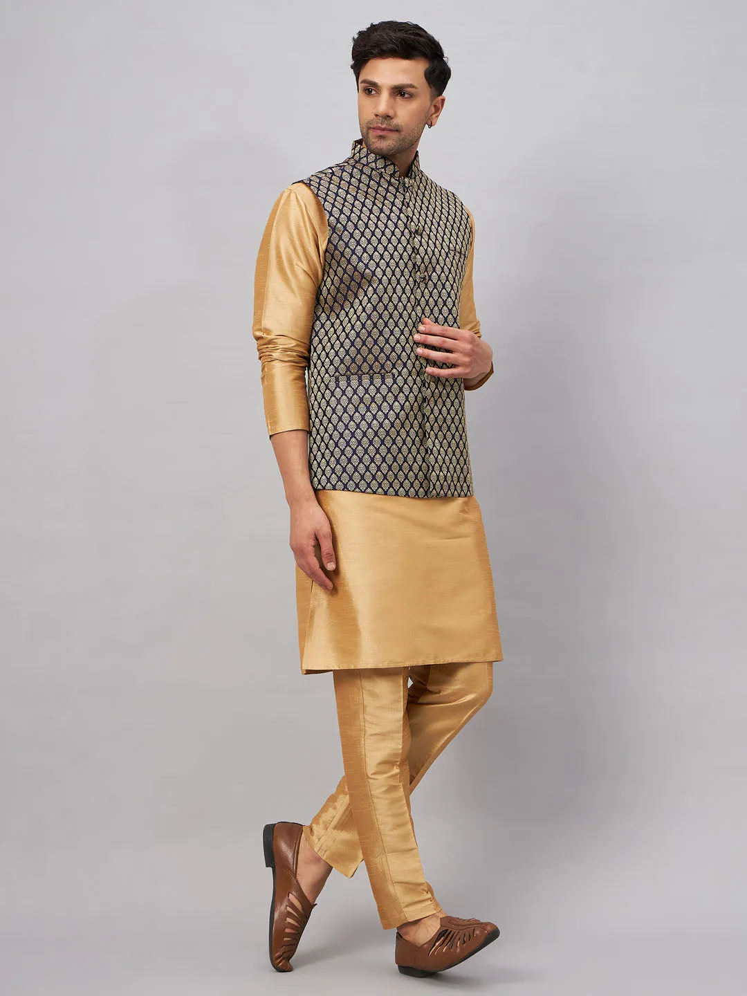 Jashvi Men's Blue Ethnic Jacket With Rose Gold Silk Blend Kurta and Pant Style Pyjama Set