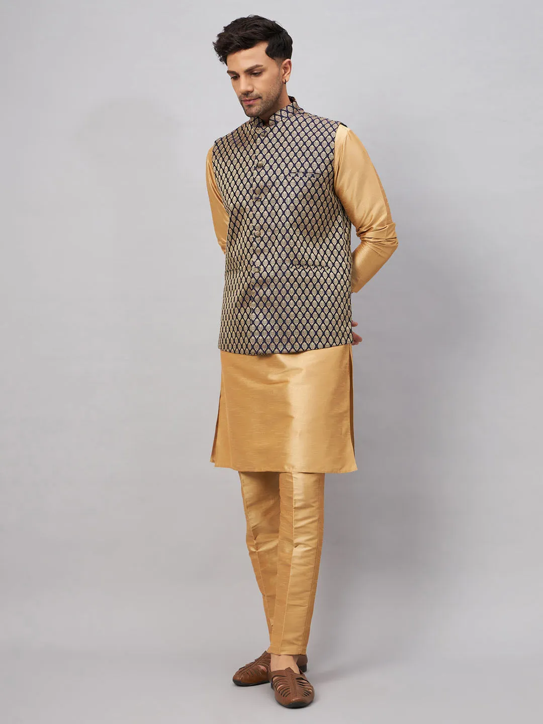 Jashvi Men's Blue Ethnic Jacket With Rose Gold Silk Blend Kurta and Pant Style Pyjama Set