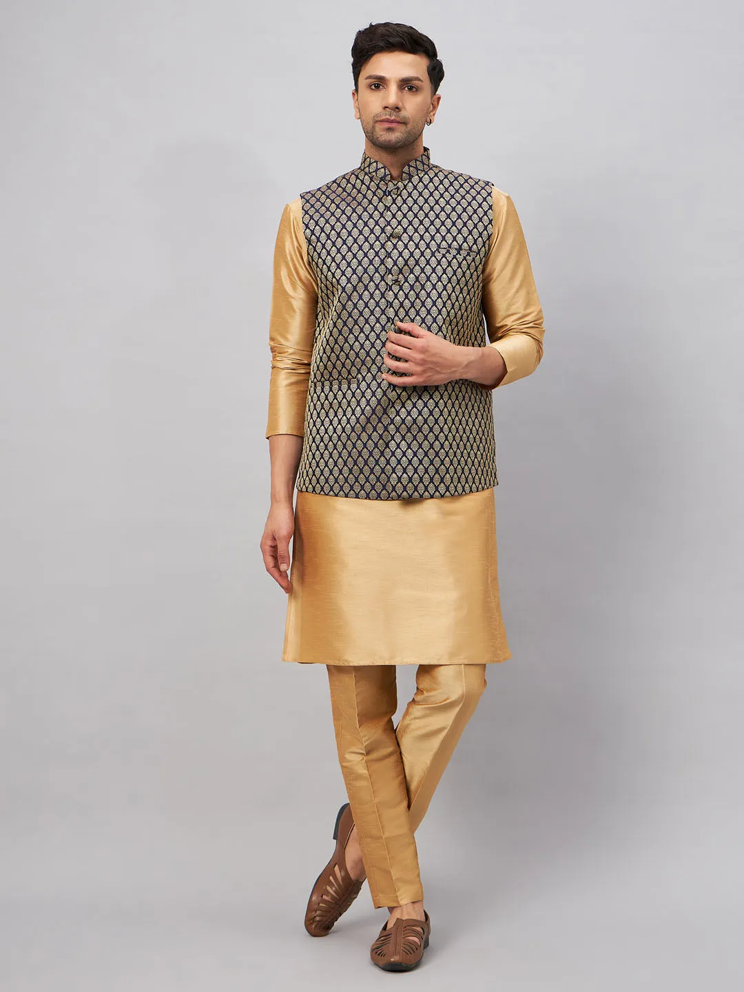 Jashvi Men's Blue Ethnic Jacket With Rose Gold Silk Blend Kurta and Pant Style Pyjama Set