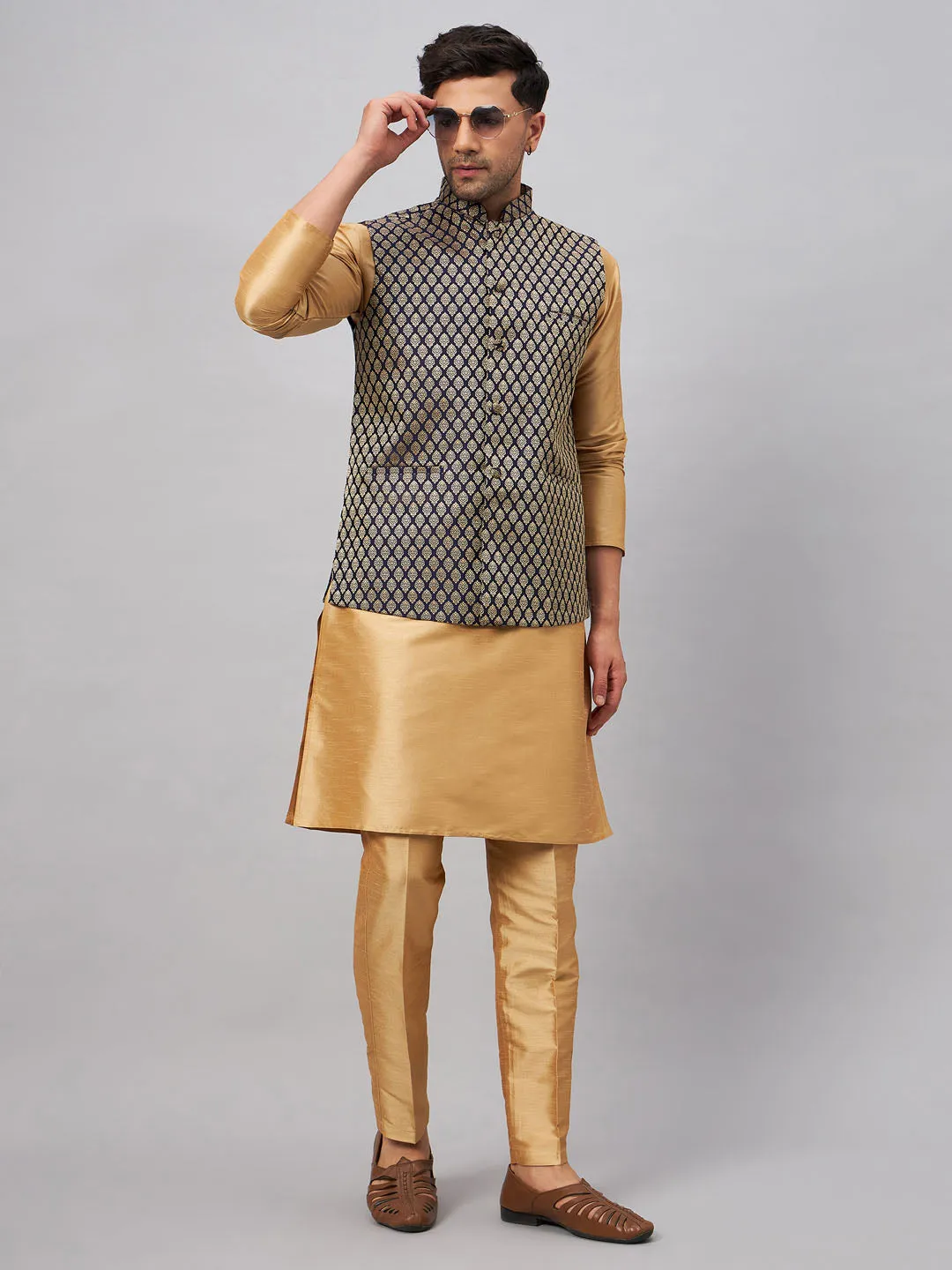 Jashvi Men's Blue Ethnic Jacket With Rose Gold Silk Blend Kurta and Pant Style Pyjama Set