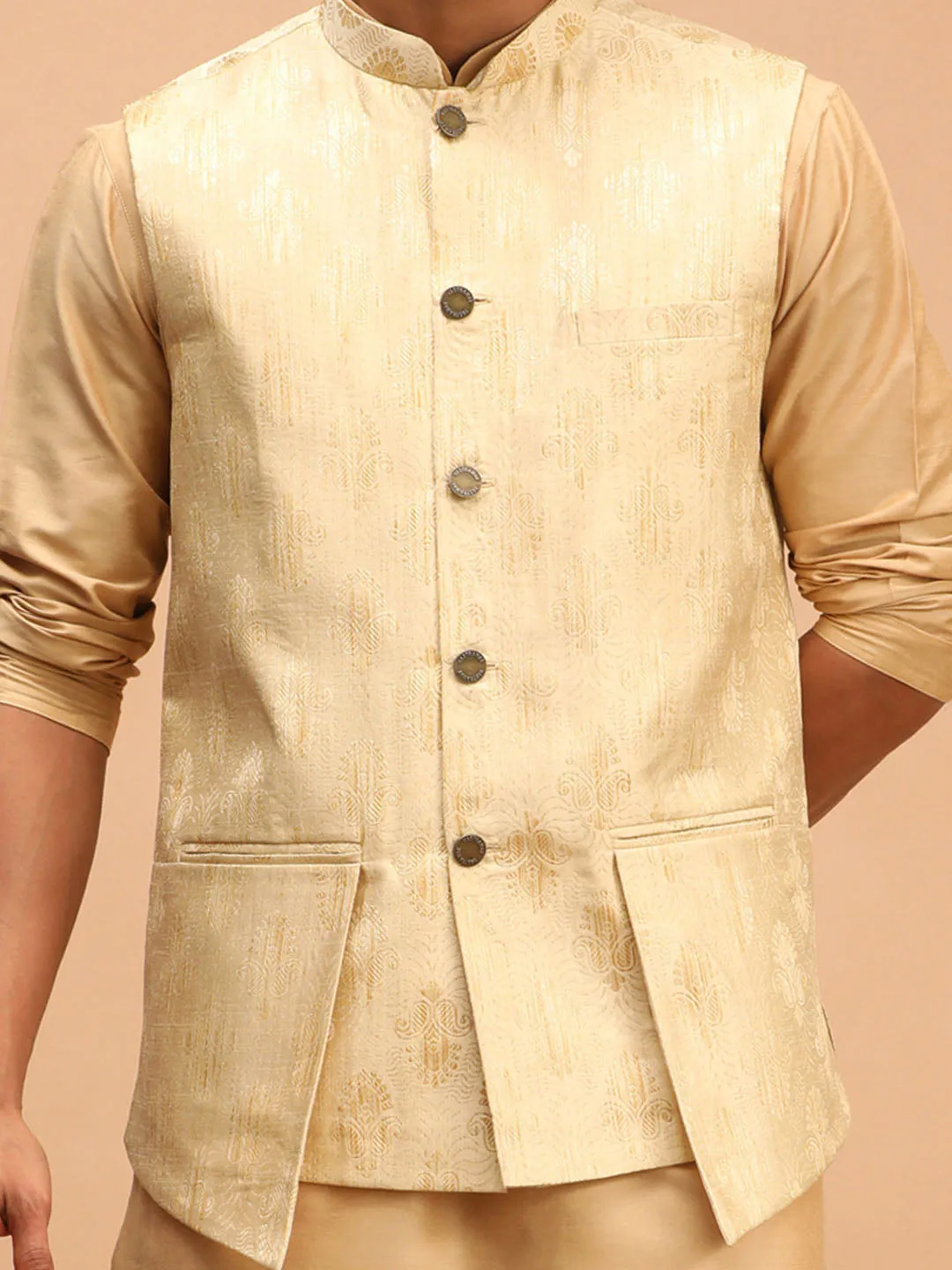 Jashvi Men's Gold Woven Flap Ethnic Jacket