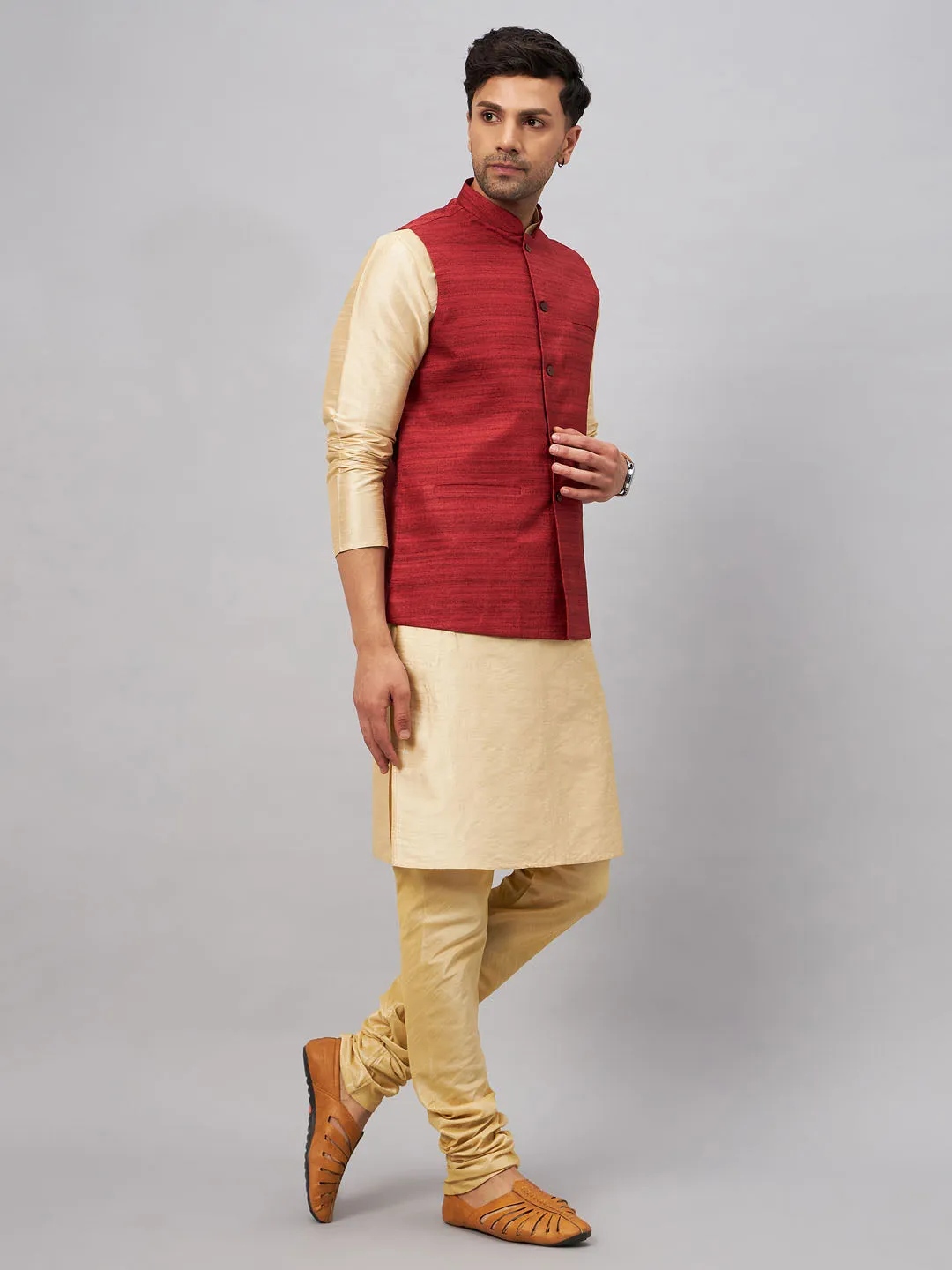 Jashvi Men's Maroon Jacket With Gold Kurta And Pyjama Set