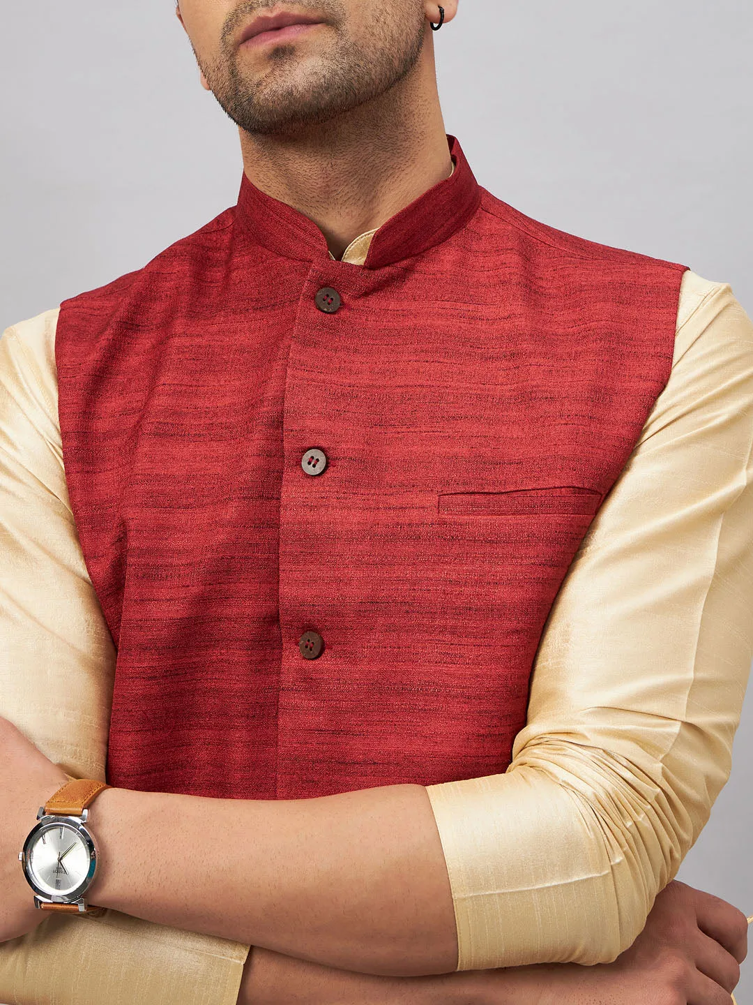 Jashvi Men's Maroon Jacket With Gold Kurta And Pyjama Set