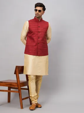 Jashvi Men's Maroon Jacket With Gold Kurta And Pyjama Set