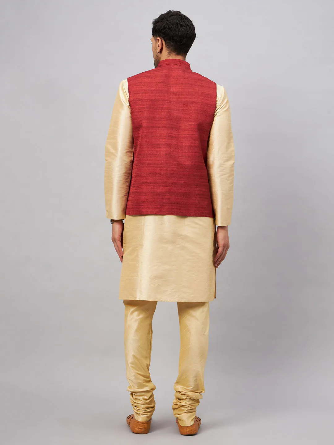 Jashvi Men's Maroon Jacket With Gold Kurta And Pyjama Set