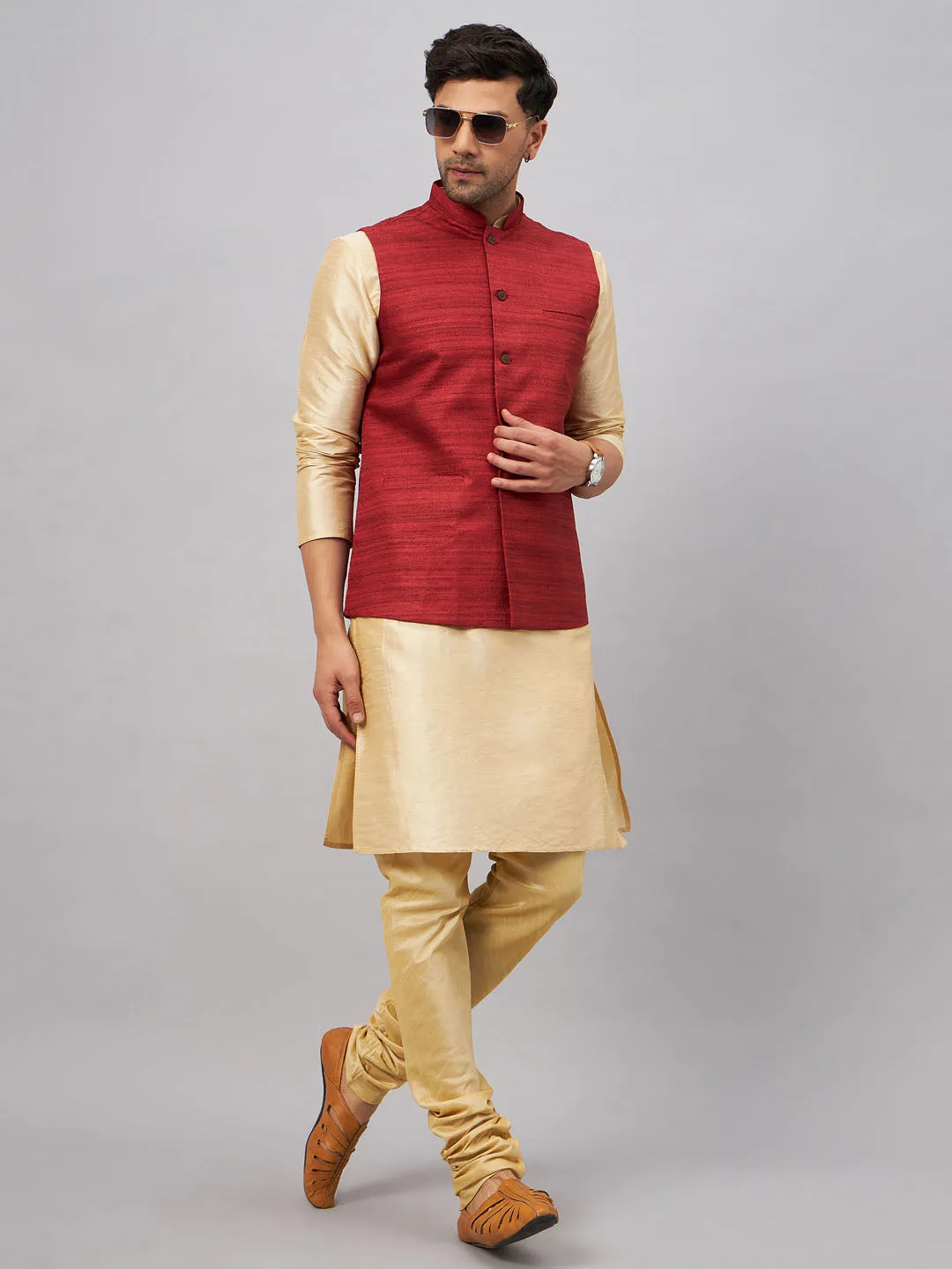 Jashvi Men's Maroon Jacket With Gold Kurta And Pyjama Set