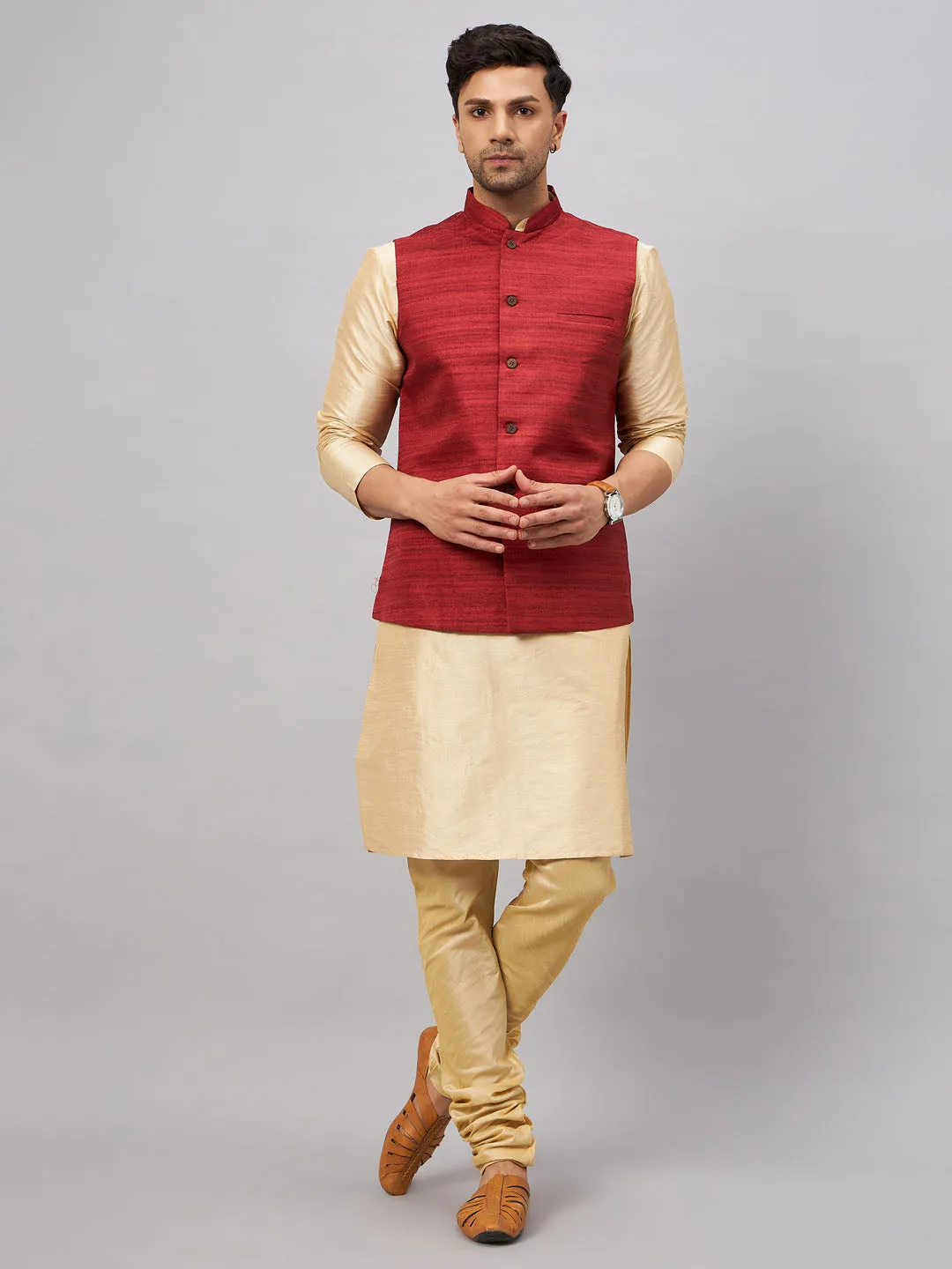 Jashvi Men's Maroon Jacket With Gold Kurta And Pyjama Set