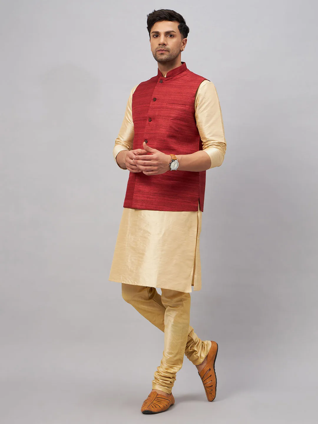 Jashvi Men's Maroon Jacket With Gold Kurta And Pyjama Set