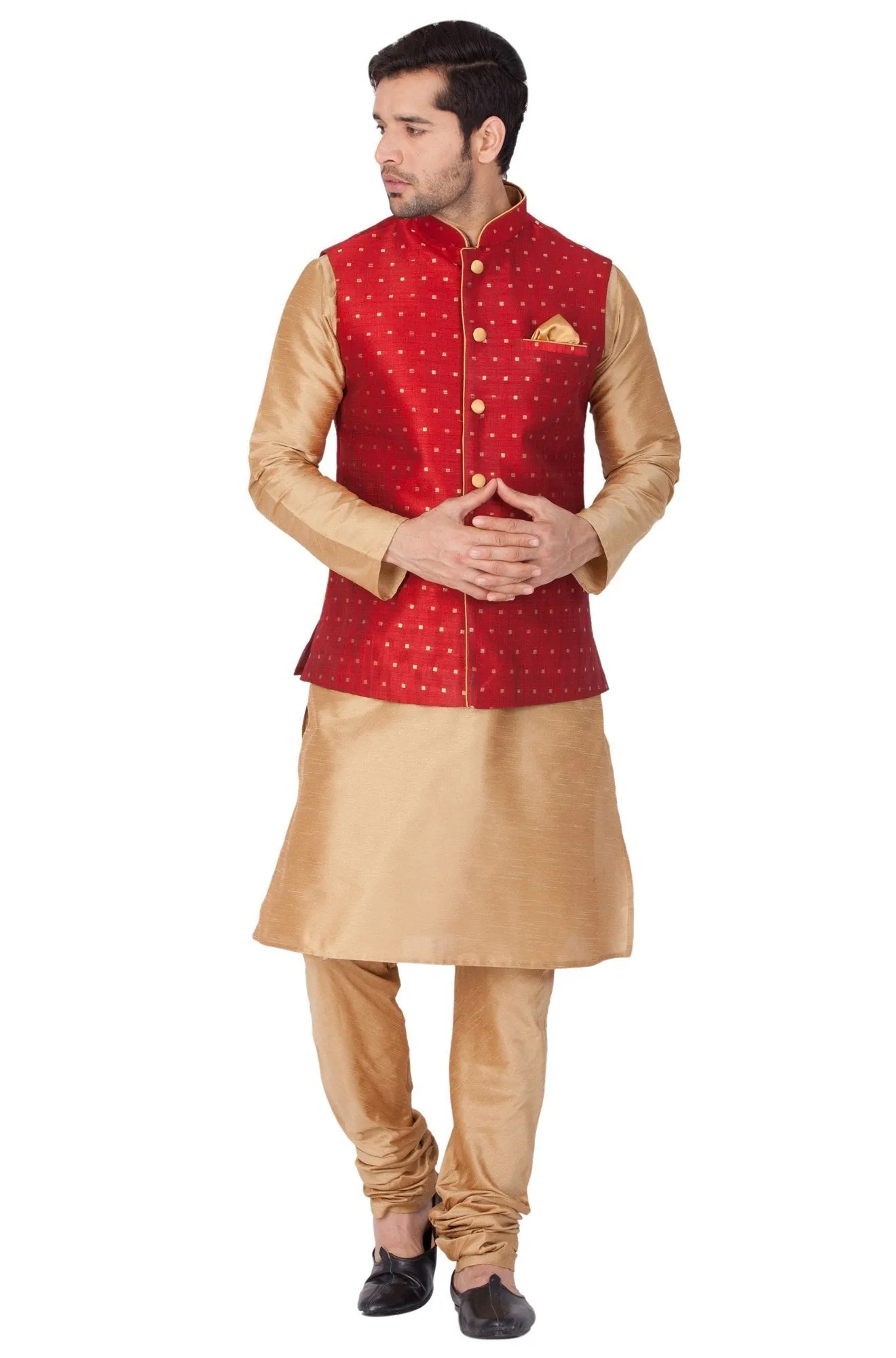 Jashvi Men's Maroon Zari Weaved Jacket With Kurta Pyjama Set