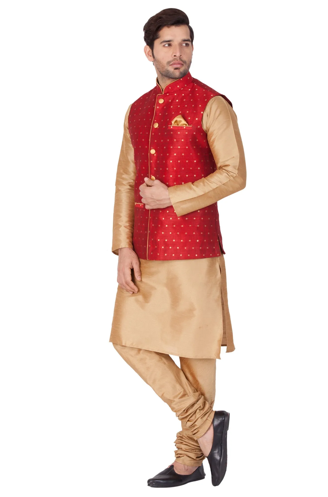 Jashvi Men's Maroon Zari Weaved Jacket With Kurta Pyjama Set