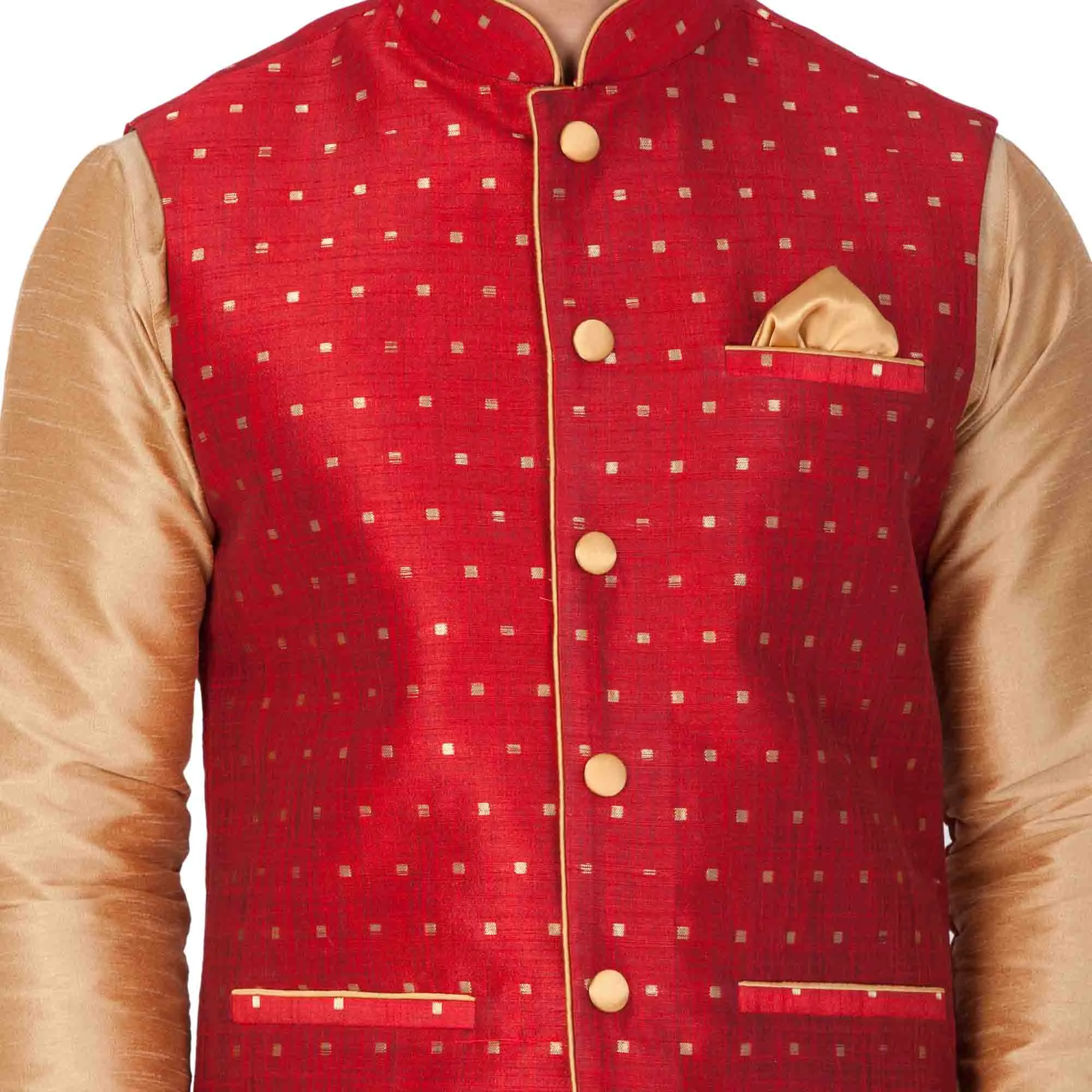 Jashvi Men's Maroon Zari Weaved Jacket With Kurta Pyjama Set