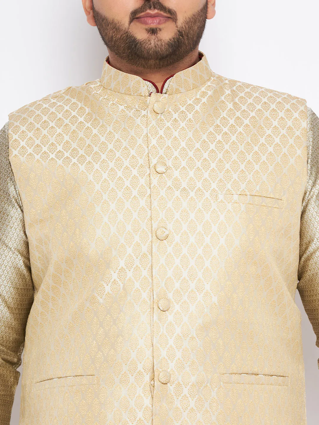 Jashvi Men's Plus Size Cream Ethnic Cream Jacket With Beige Silk Blend Kurta and Golden Pyjama Set