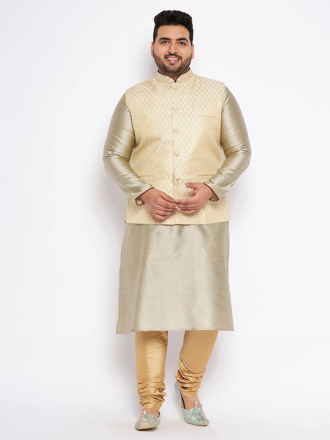 Jashvi Men's Plus Size Cream Ethnic Cream Jacket With Beige Silk Blend Kurta and Golden Pyjama Set