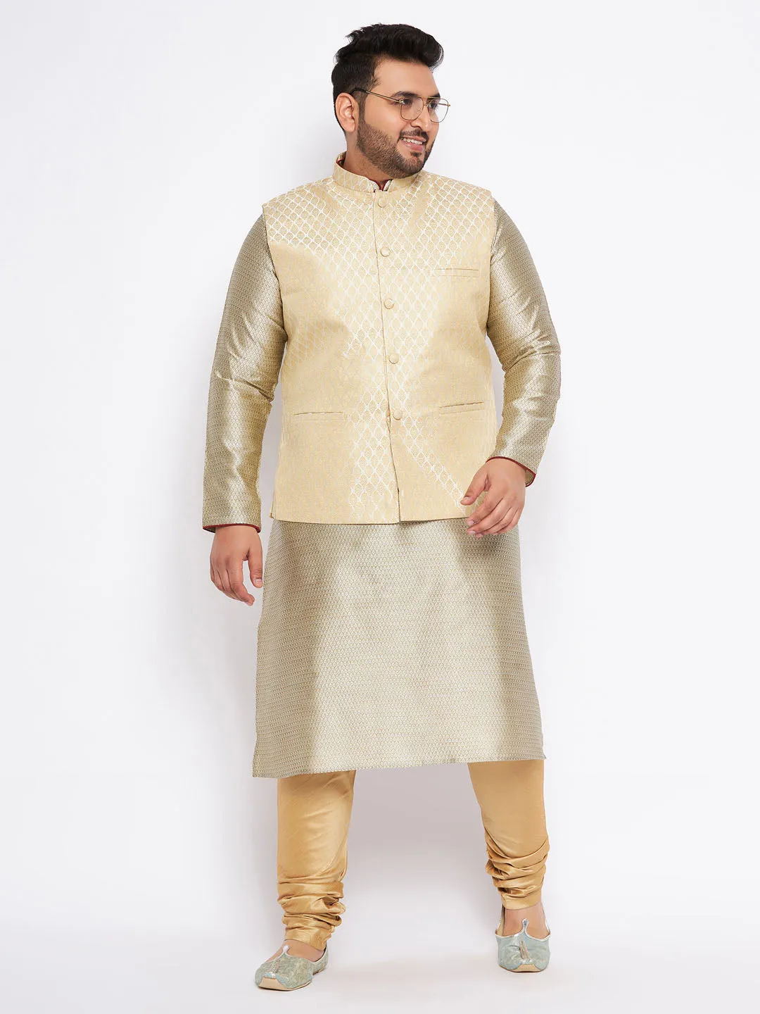 Jashvi Men's Plus Size Cream Ethnic Cream Jacket With Beige Silk Blend Kurta and Golden Pyjama Set