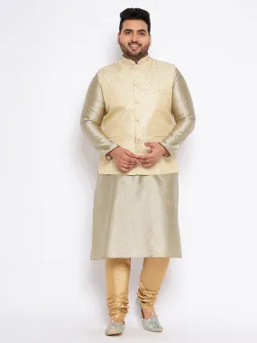 Jashvi Men's Plus Size Cream Ethnic Cream Jacket With Beige Silk Blend Kurta and Golden Pyjama Set