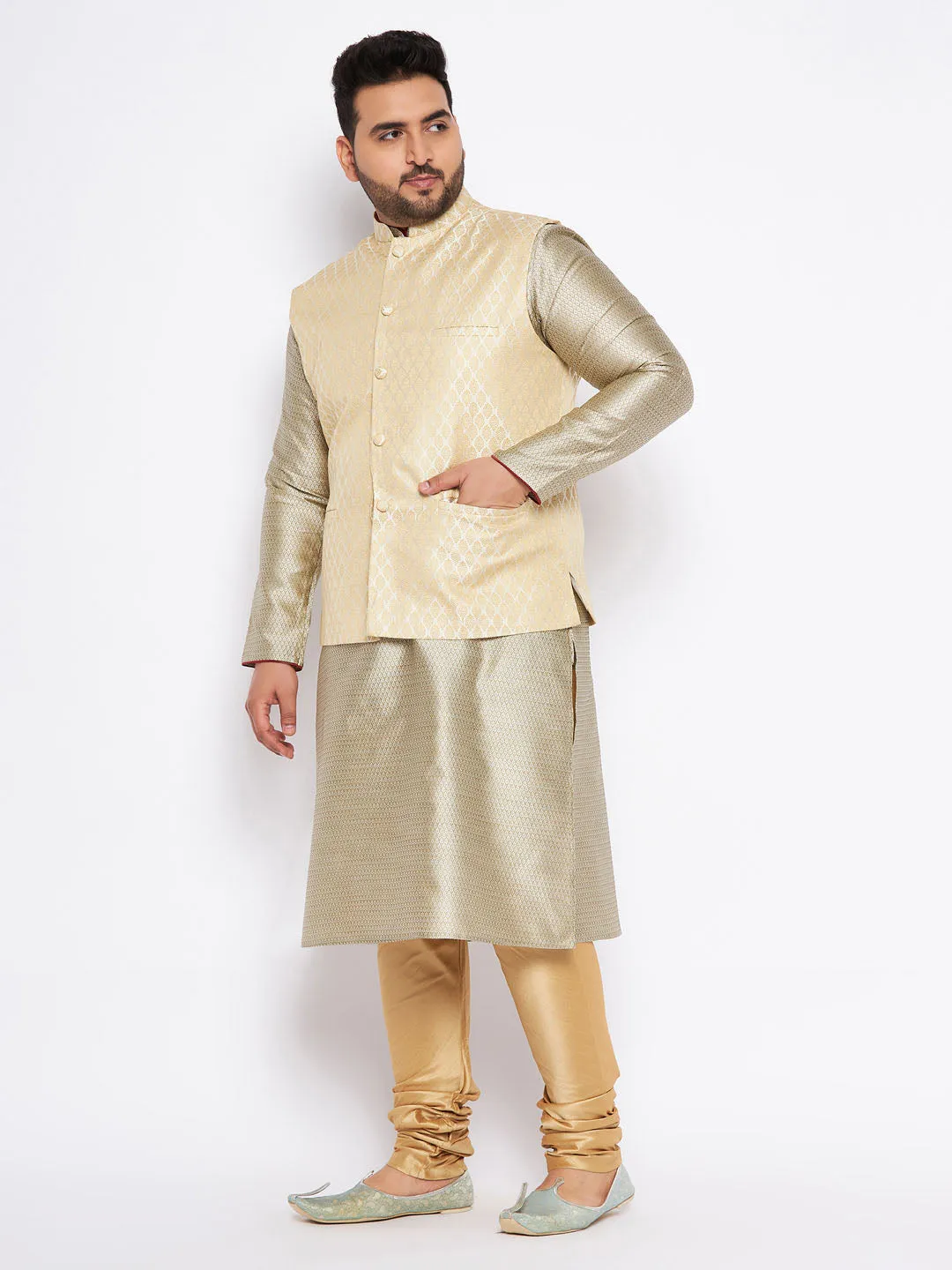 Jashvi Men's Plus Size Cream Ethnic Cream Jacket With Beige Silk Blend Kurta and Golden Pyjama Set