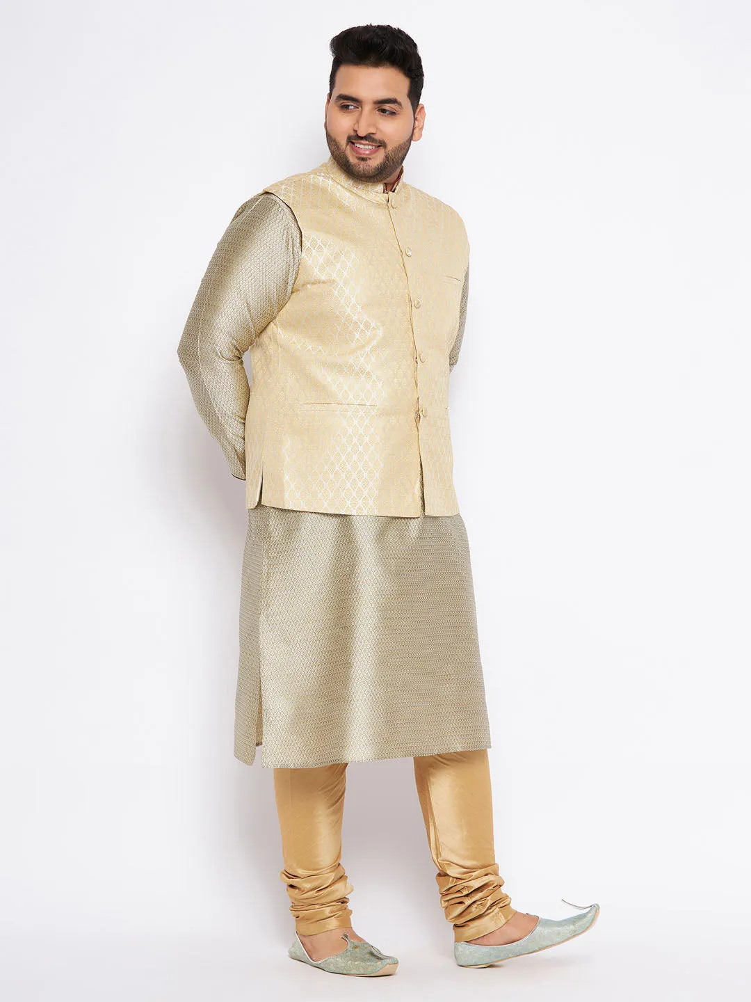 Jashvi Men's Plus Size Cream Ethnic Cream Jacket With Beige Silk Blend Kurta and Golden Pyjama Set