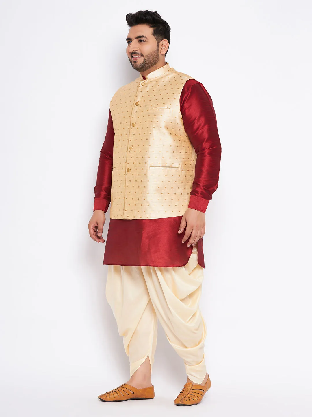 Jashvi Men's Plus Size Gold Zari Weaved Nehru Jacket With Curved Kurta Dhoti set