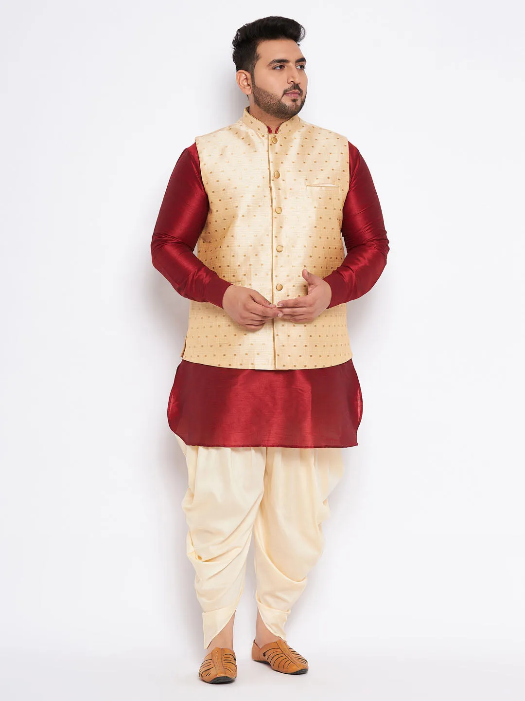 Jashvi Men's Plus Size Gold Zari Weaved Nehru Jacket With Curved Kurta Dhoti set