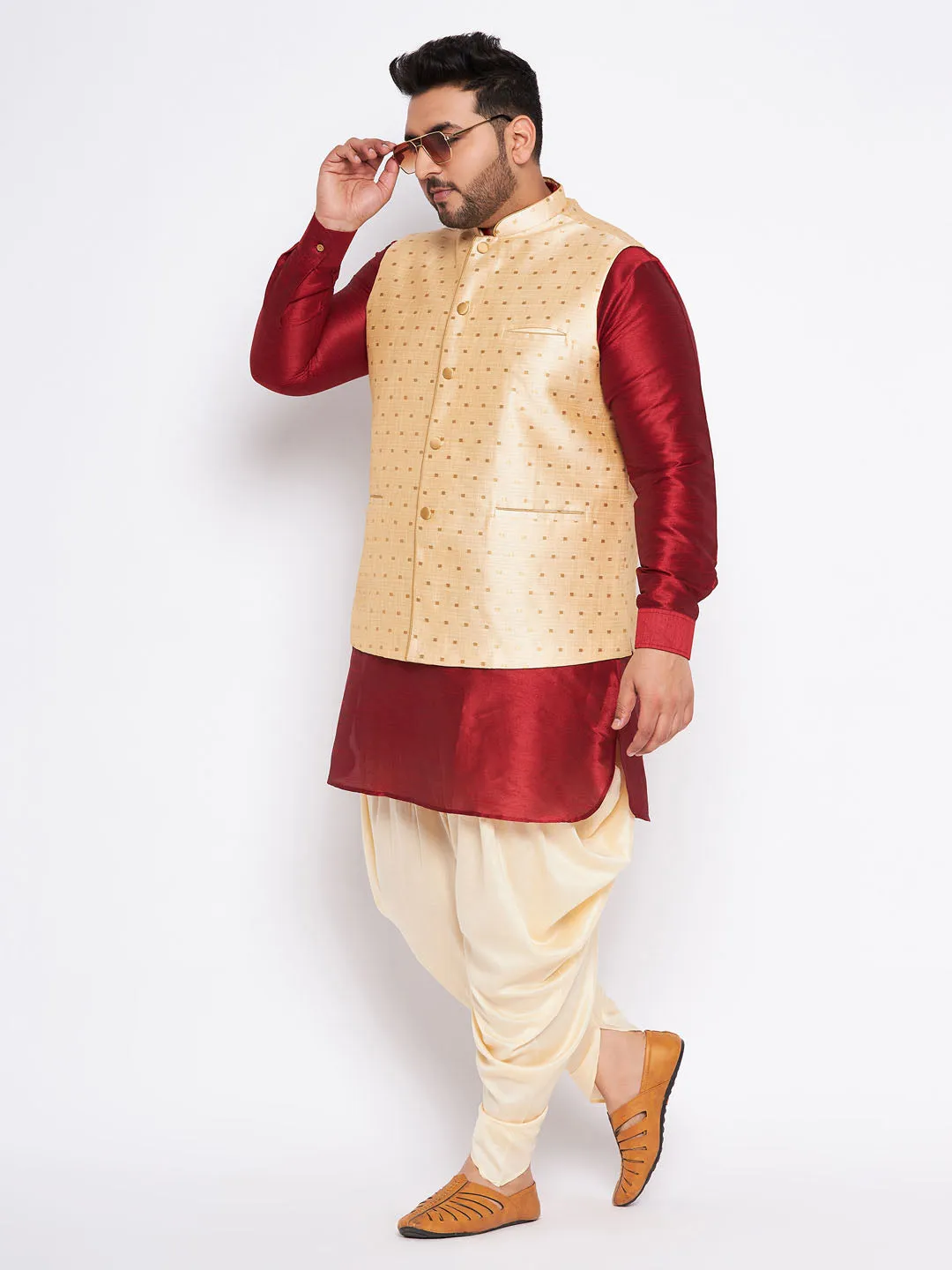 Jashvi Men's Plus Size Gold Zari Weaved Nehru Jacket With Curved Kurta Dhoti set