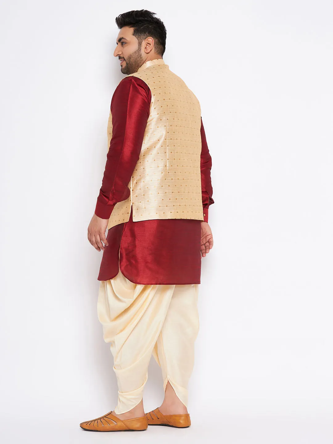 Jashvi Men's Plus Size Gold Zari Weaved Nehru Jacket With Curved Kurta Dhoti set