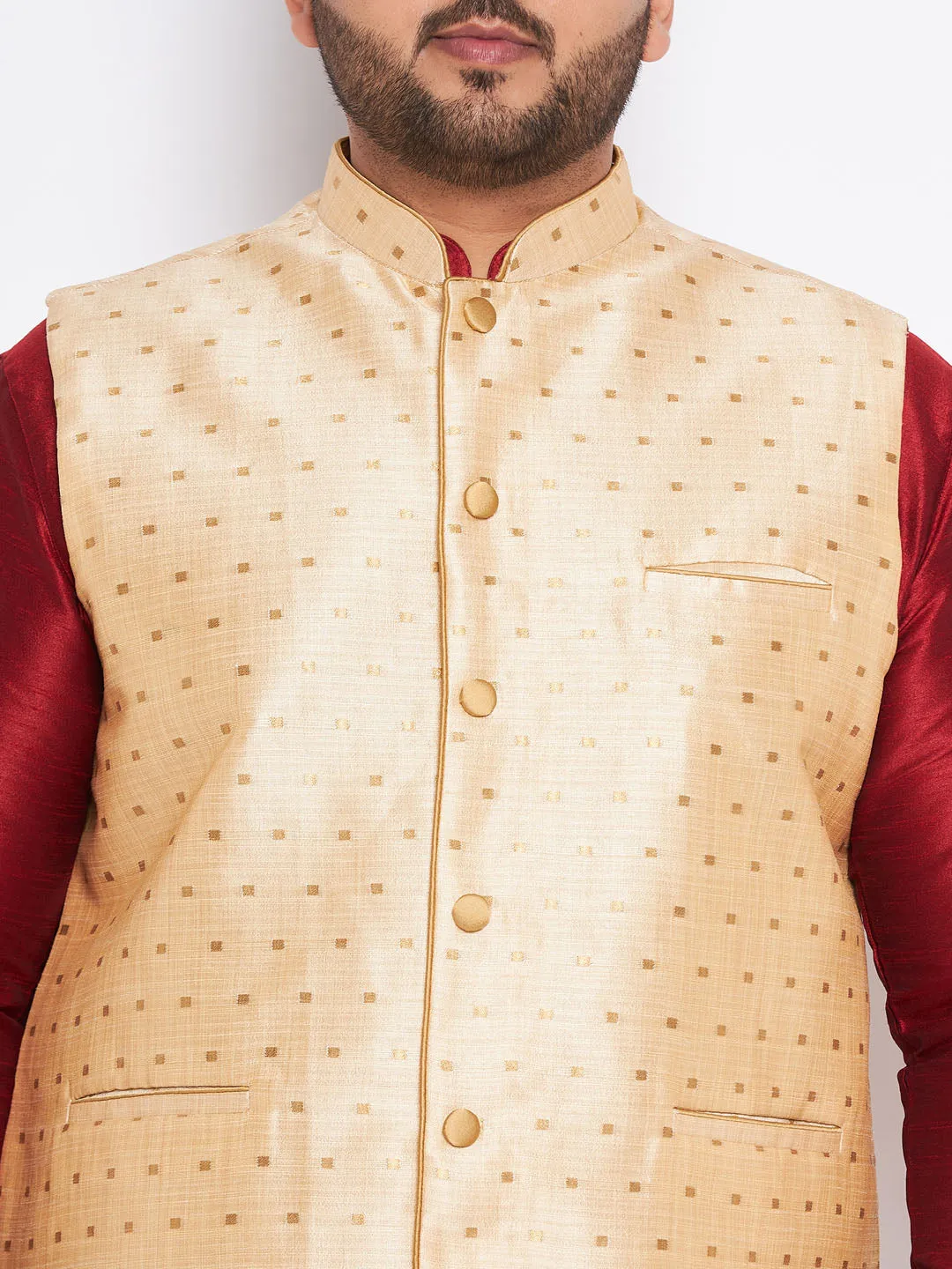 Jashvi Men's Plus Size Gold Zari Weaved Nehru Jacket With Curved Kurta Dhoti set