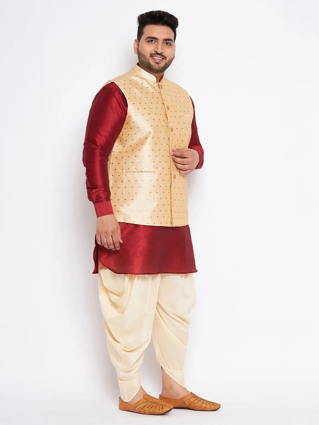 Jashvi Men's Plus Size Gold Zari Weaved Nehru Jacket With Curved Kurta Dhoti set