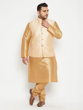 Jashvi Men's Plus Size Gold Zari Weaved Nehru Jacket With Kurta Pyjama set