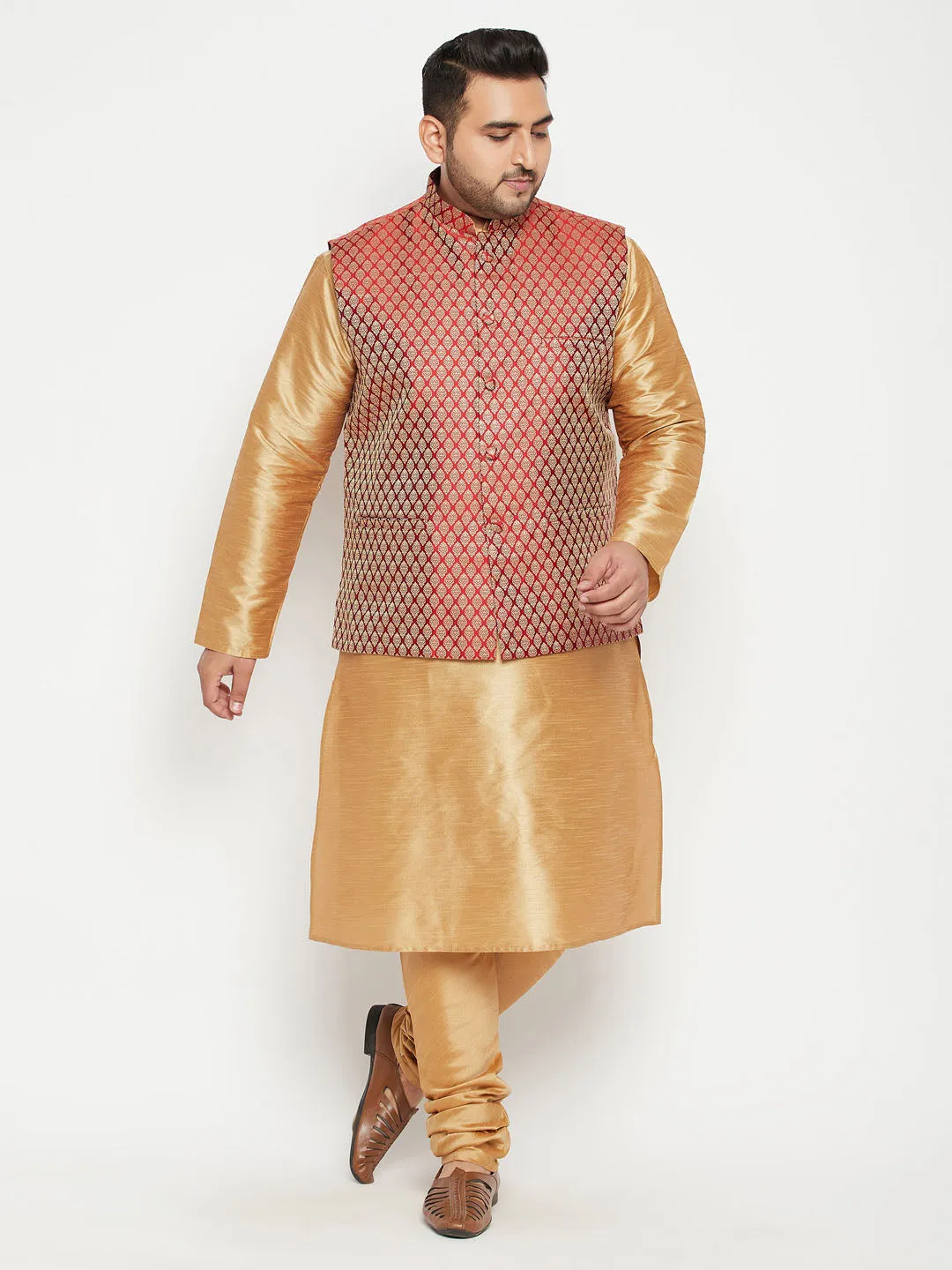 Jashvi Men's Plus Size Rose Gold and Maroon Woven Silk Blend Jacket Kurta Pyjama Set