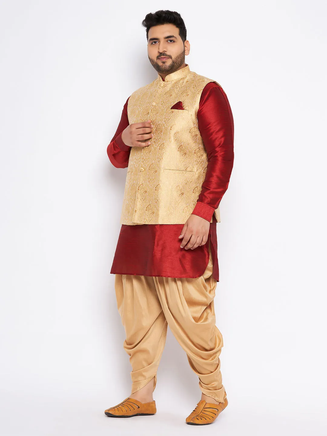 Jashvi Men's Plus Size Rose Gold Woven Nehru Jacket With Maroon Kurta And Rose Gold Dhoti Set