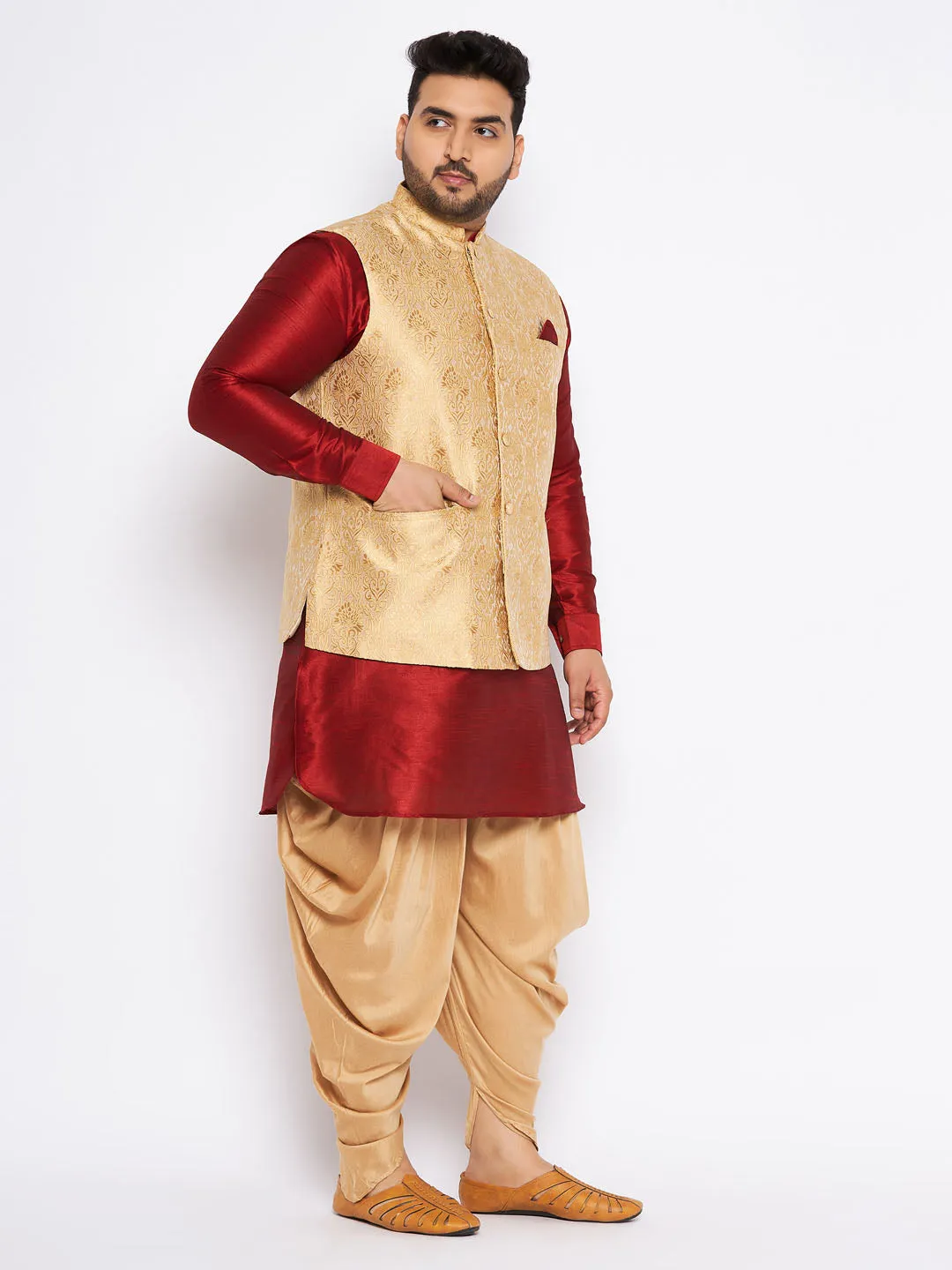 Jashvi Men's Plus Size Rose Gold Woven Nehru Jacket With Maroon Kurta And Rose Gold Dhoti Set