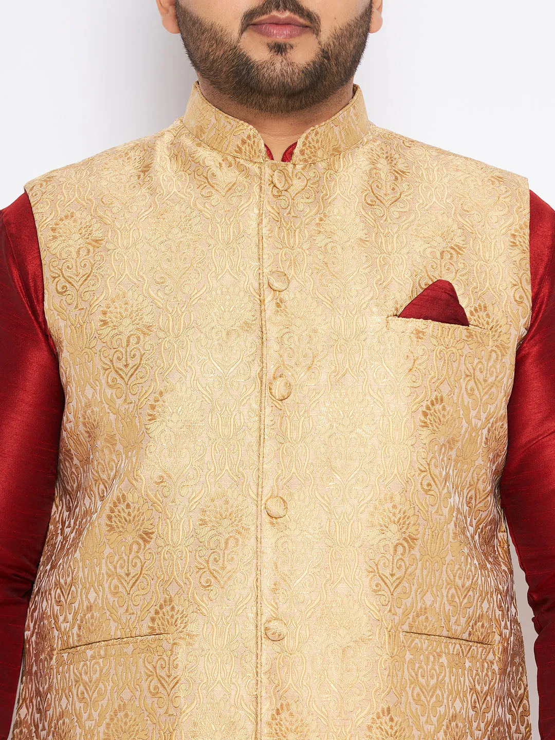 Jashvi Men's Plus Size Rose Gold Woven Nehru Jacket With Maroon Kurta And Rose Gold Dhoti Set