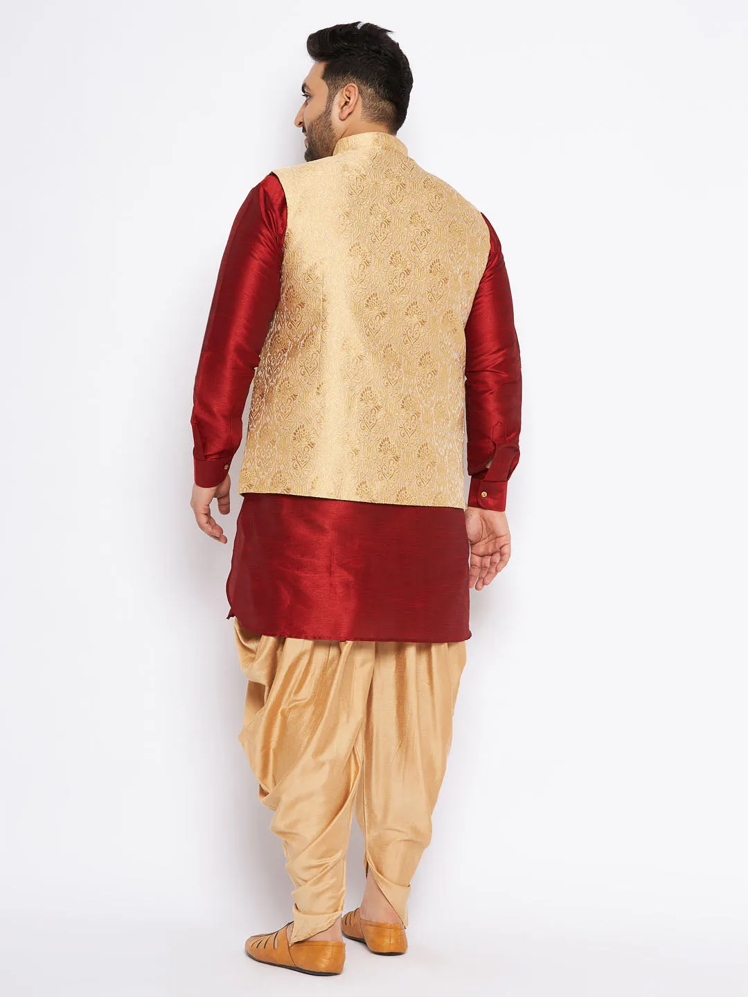 Jashvi Men's Plus Size Rose Gold Woven Nehru Jacket With Maroon Kurta And Rose Gold Dhoti Set