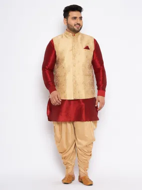 Jashvi Men's Plus Size Rose Gold Woven Nehru Jacket With Maroon Kurta And Rose Gold Dhoti Set