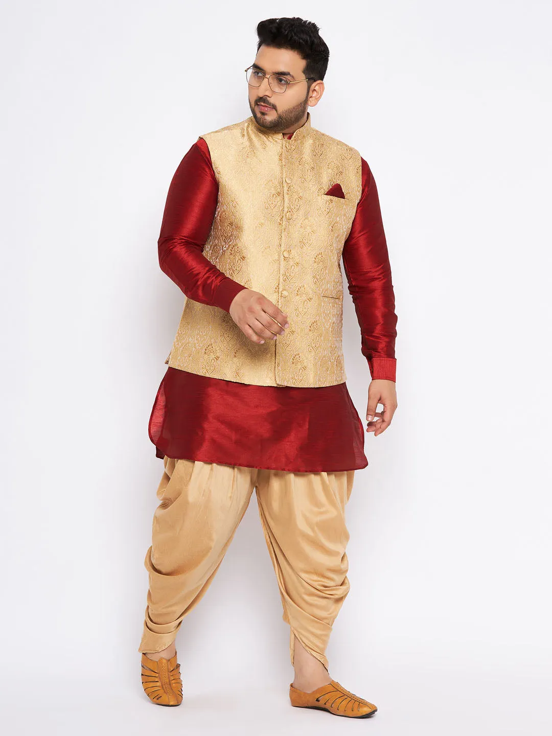 Jashvi Men's Plus Size Rose Gold Woven Nehru Jacket With Maroon Kurta And Rose Gold Dhoti Set