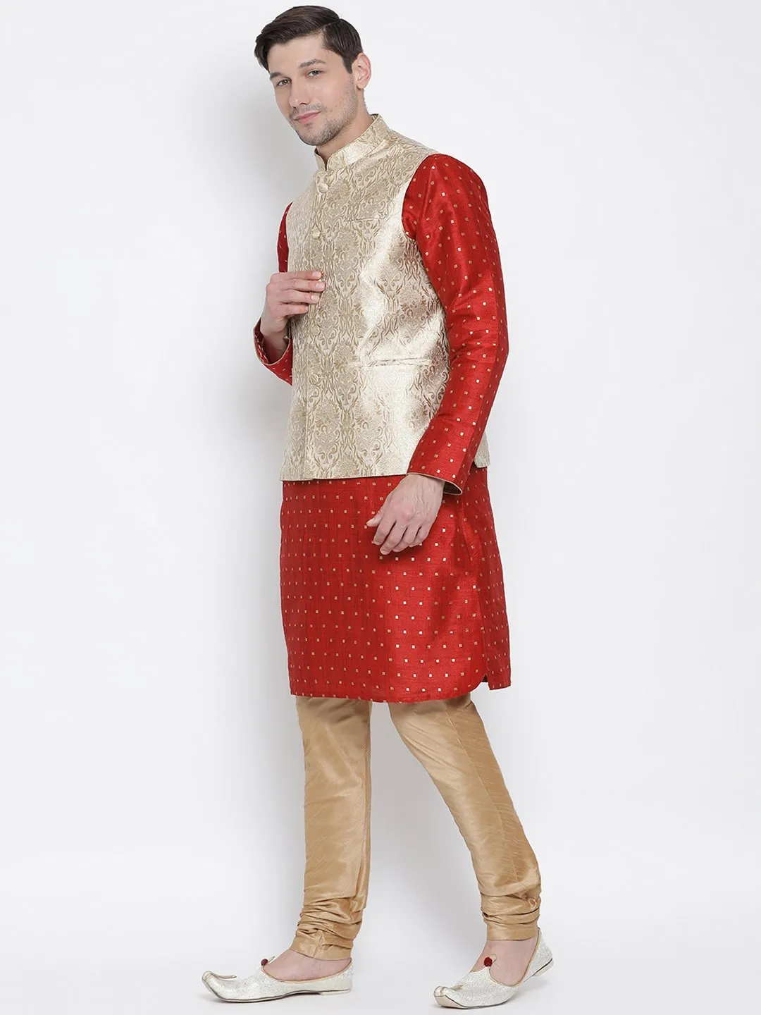 Jashvi Men's Red Cotton Silk Blend Kurta, Ethnic Jacket and Pyjama Set