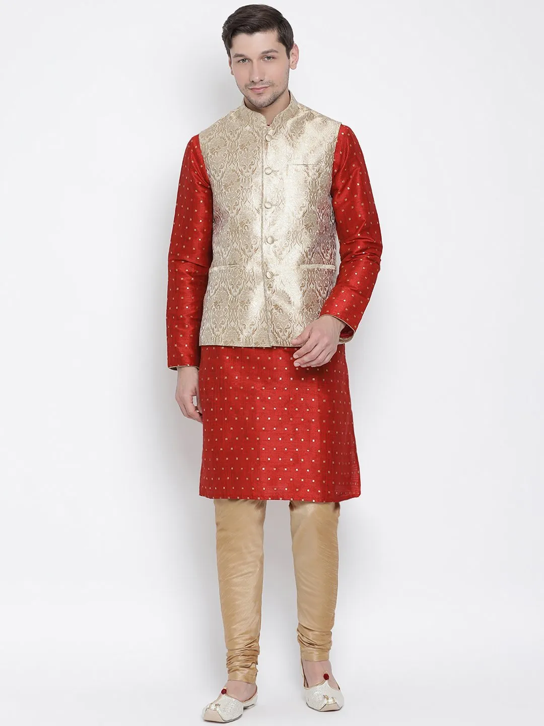 Jashvi Men's Red Cotton Silk Blend Kurta, Ethnic Jacket and Pyjama Set