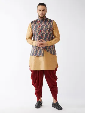 Jashvi Men's Rose Gold Silk Blend Kurta and Dhoti Pant With Cotton Blend Ethnic Jacket