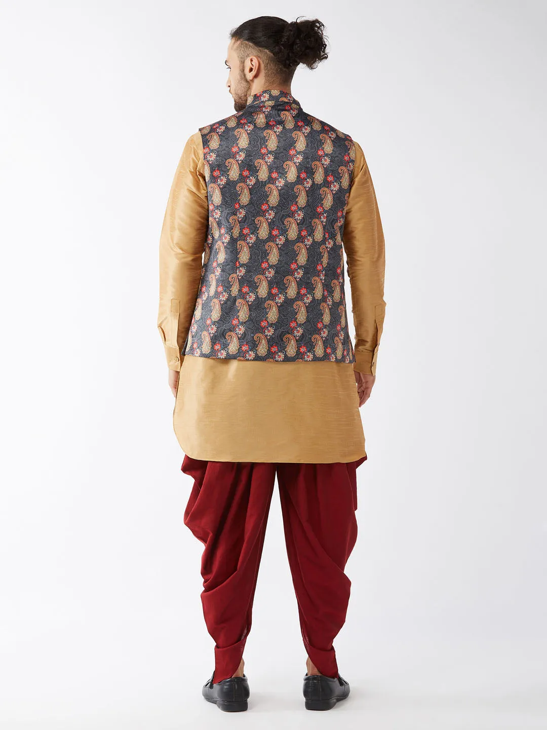 Jashvi Men's Rose Gold Silk Blend Kurta and Dhoti Pant With Cotton Blend Ethnic Jacket